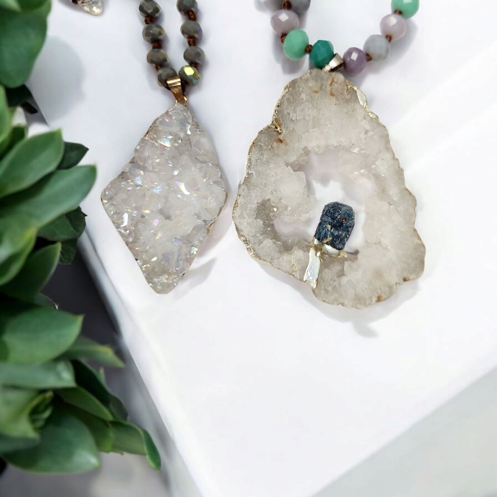 NEW 5 Geode Crystal Stone Pendant Statement Necklaces Layering Mermaid Colors